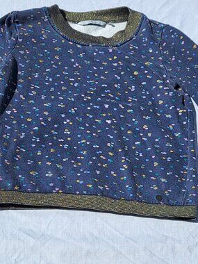 Numph Sweater Women's XS Blue Gold Whimsical Artsy Playful Colorful Designer